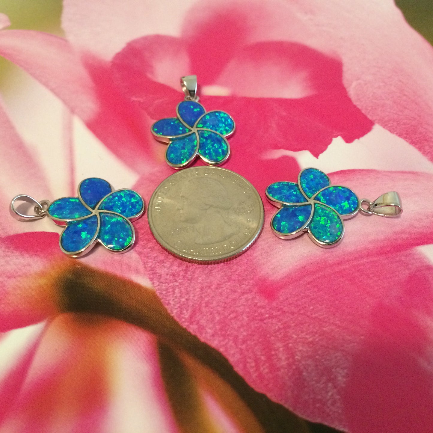 Hawaiian Blue Opal Plumeria Pendant, Sterling Silver Blue Opal Inlay Plumeria Pendant, Christmas Present, Birthday Gift