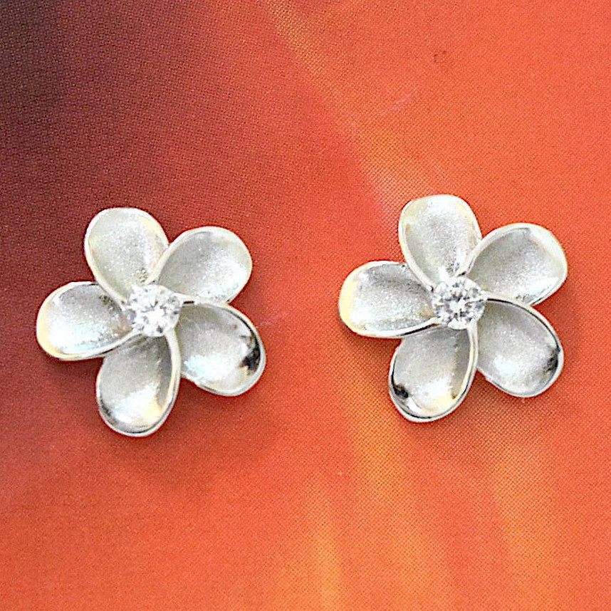 Hawaiian Plumeria Earrings, Sterling Silver Plumeria CZ Stud Earrings, Hawaiian Jewelry, Christmas Anniversary Birthday Gift