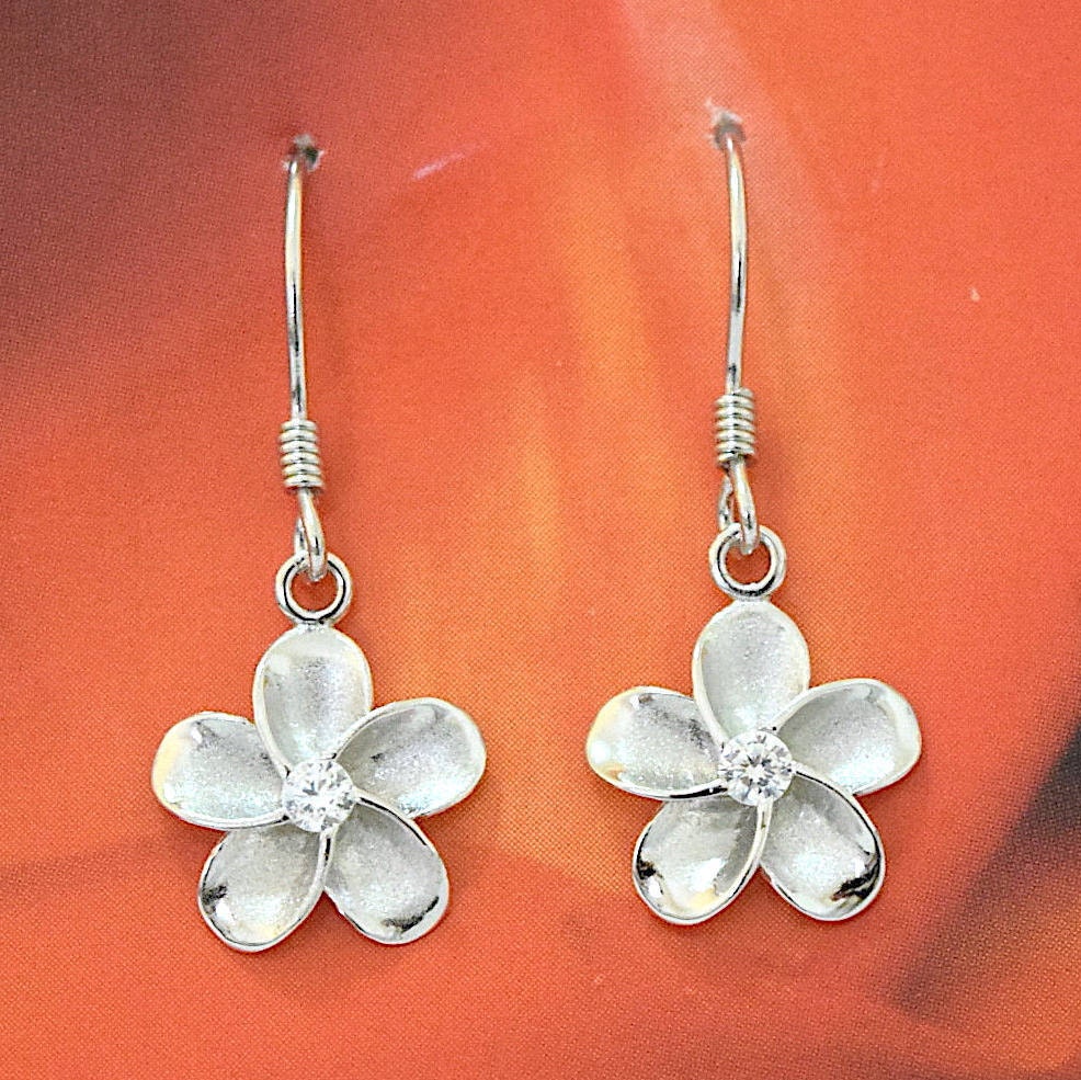 Hawaiian Plumeria Earrings, Sterling Silver Plumeria CZ Dangle Earrings, W4012, Hawaiian Jewelry, Christmas Anniversary Birthday Gift