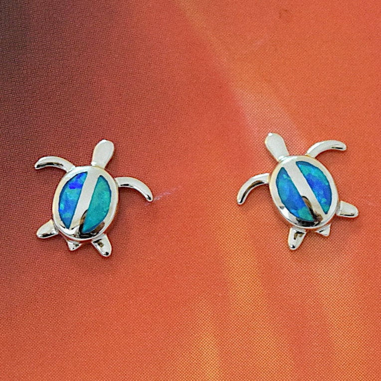 Hawaiian Small Blue Opal Sea Turtle Earrings, Sterling Silver Blue Opal Turtle Stud Earrings, Christmas Present, Birthday Gift