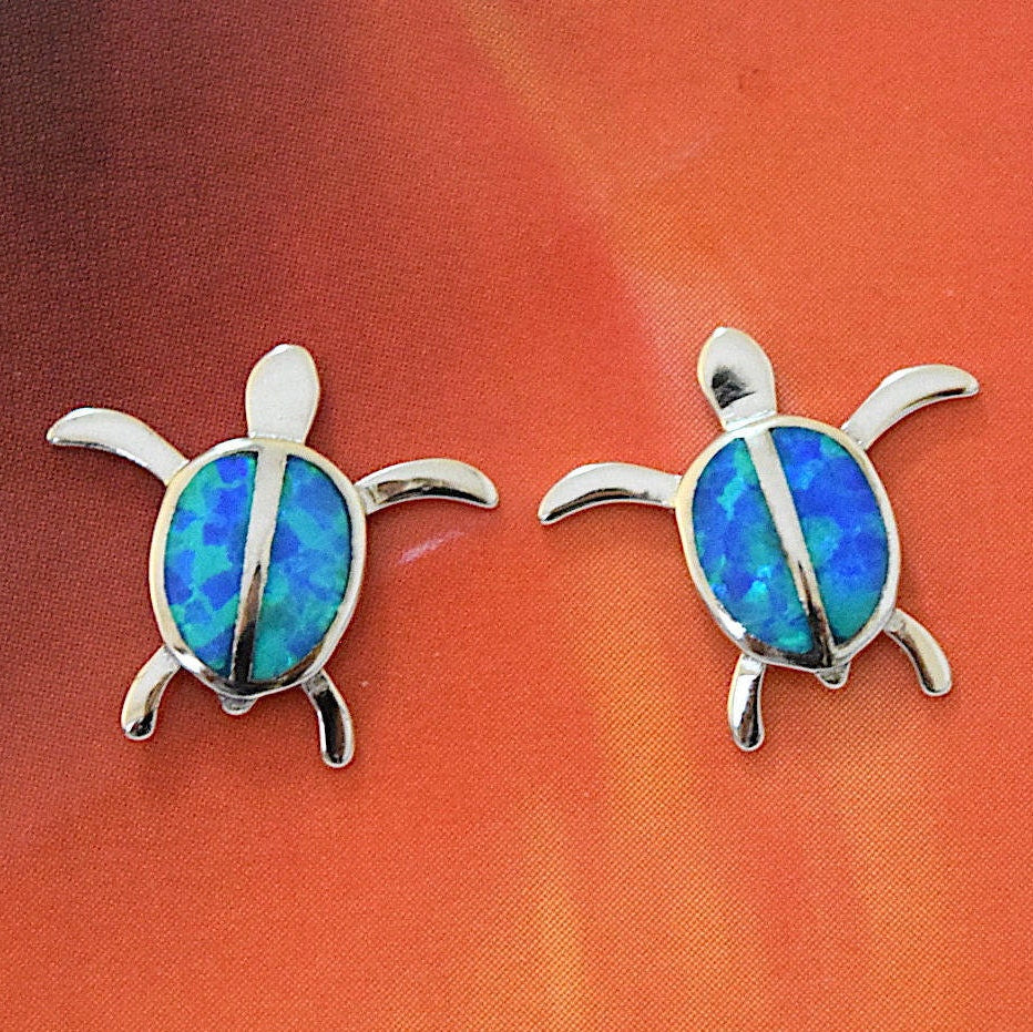 Hawaiian Opal Sea Turtle Earrings, Sterling Silver Blue Opal Inlay Sea Turtle Stud Post Earrings, Hawaiian Jewelry