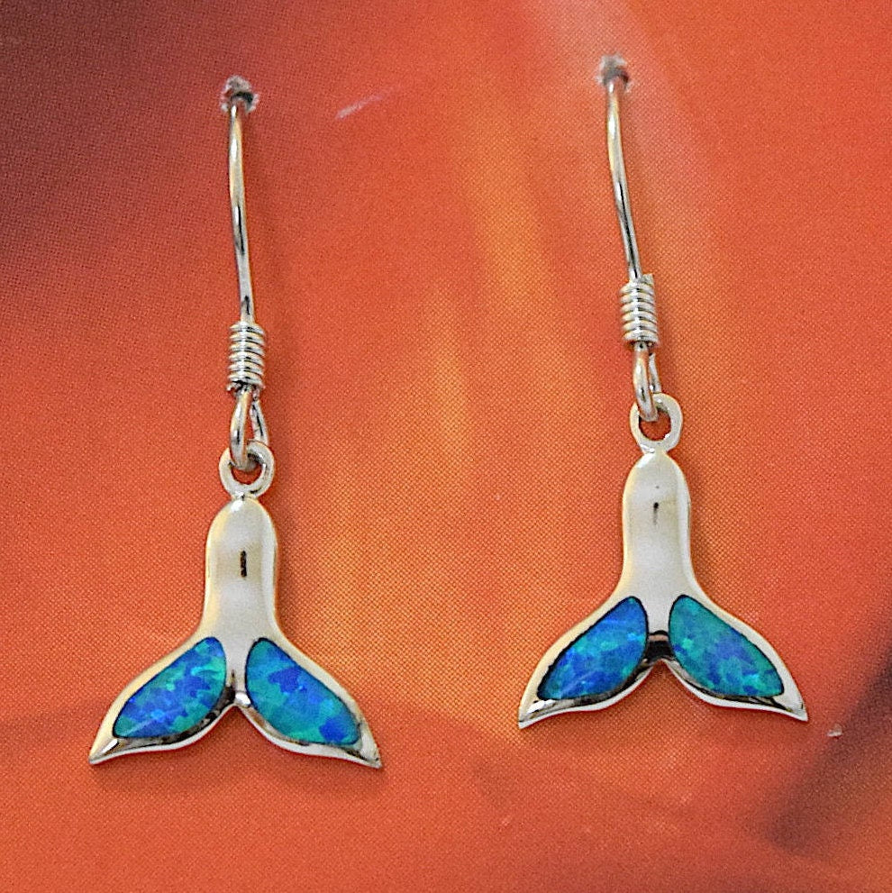 Hawaiian Blue Opal Whale Tail Earrings, Sterling Silver Blue Opal Whale Tail Dangle Earrings, Christmas Anniversary Birthday Gift