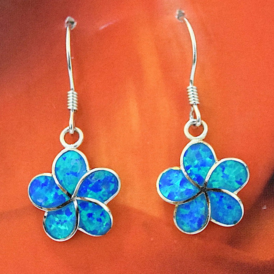 Hawaiian Large Blue Opal Plumeria Earrings, Sterling Silver Blue Opal Inlay Plumeria Dangle Earrings, Christmas Present Birthday Gift