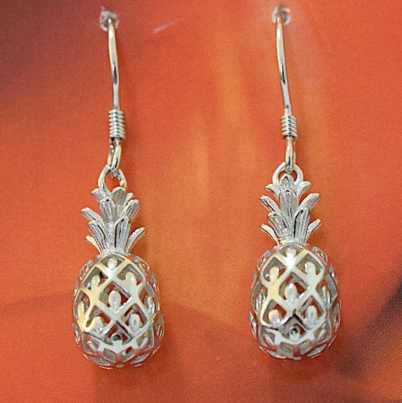 Hawaiian 3D Pineapple Earrings, Sterling Silver Pineapple Dangle Earrings, Hawaiian Jewelry, Christmas Anniversary Birthday Gift