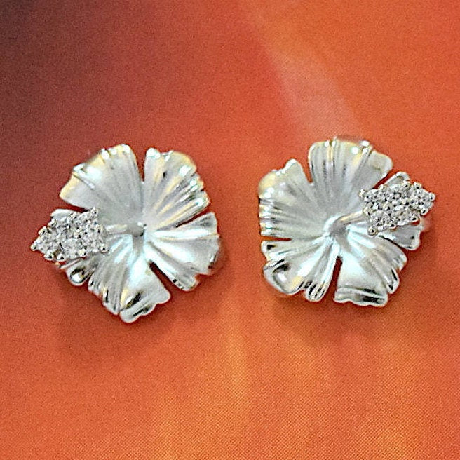 Hawaiian Hibiscus Earrings, Sterling Silver Hibiscus Flower CZ Stud Earrings, Hawaiian Jewelry, Christmas Anniversary Birthday Gift