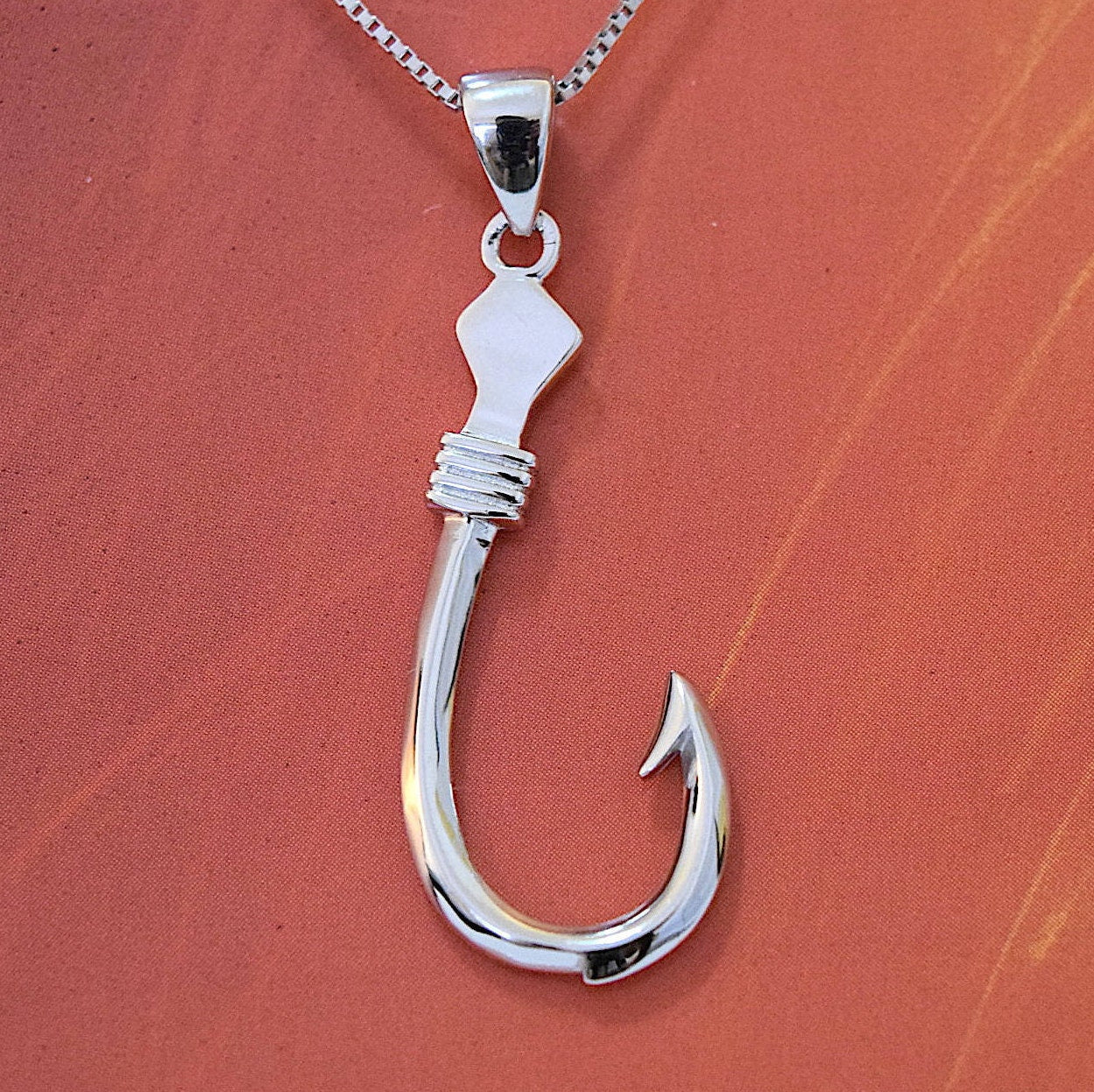 Hawaiian 3D Fish Hook Pendant, Sterling Silver Fish Hook 3D Pendant, Hawaiian Jewelry, Christmas Anniversary Birthday Gift