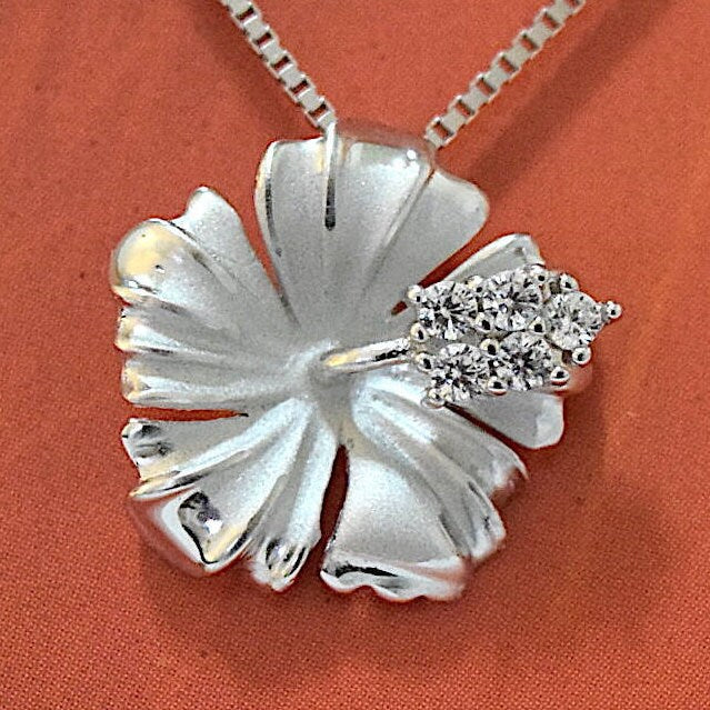 Hawaiian Hibiscus Flower Pendant, Sterling Silver Hibiscus CZ Pendant, Hawaiian Jewelry, Christmas Anniversary Mom Birthday Gift