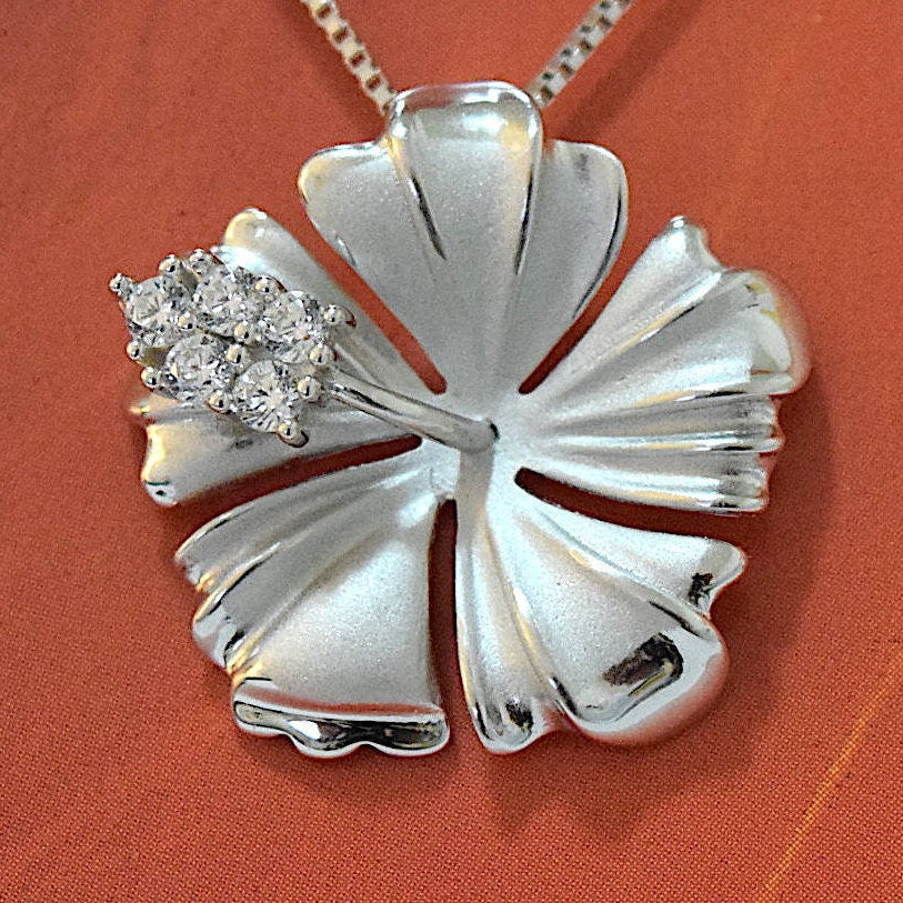 Hawaiian Hibiscus Pendant, Sterling Silver Hibiscus CZ Pendant, Hawaiian Jewelry, Christmas Present, Anniversary Birthday Gift