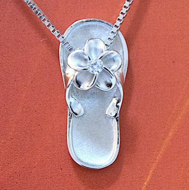 Hawaiian Plumeria Slipper Pendant, Sterling Silver Plumeria CZ Sandal Pendant, Hawaiian Jewelry, Christmas Anniversary Birthday Gift