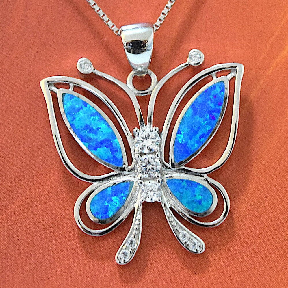 Hawaiian Large Blue Opal Butterfly Pendant, Sterling Silver Blue Opal Butterfly CZ Pendant, Hawaiian Jewelry, Mom Birthday Gift