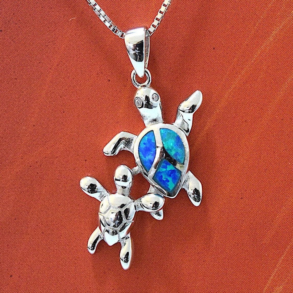 Hawaiian Blue Opal Mom & Small Sea Turtle Necklace and Earrings, Sterling Silver Blue Opal 2 Turtle CZ Eye Pendant Christmas Birthday Mom Gift