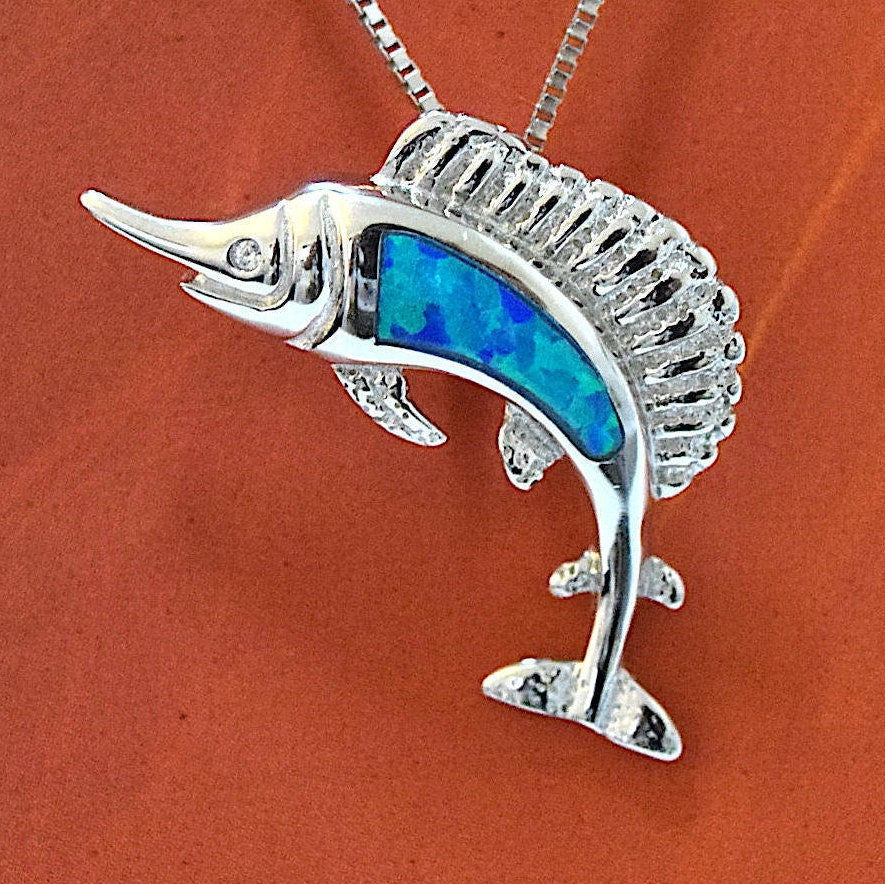 Hawaiian Marlin Pendant, Sterling Silver Blue Opal Inlay Swordfish Marlin Pendant, Hawaiian Jewelry, Christmas Mom Birthday Gift