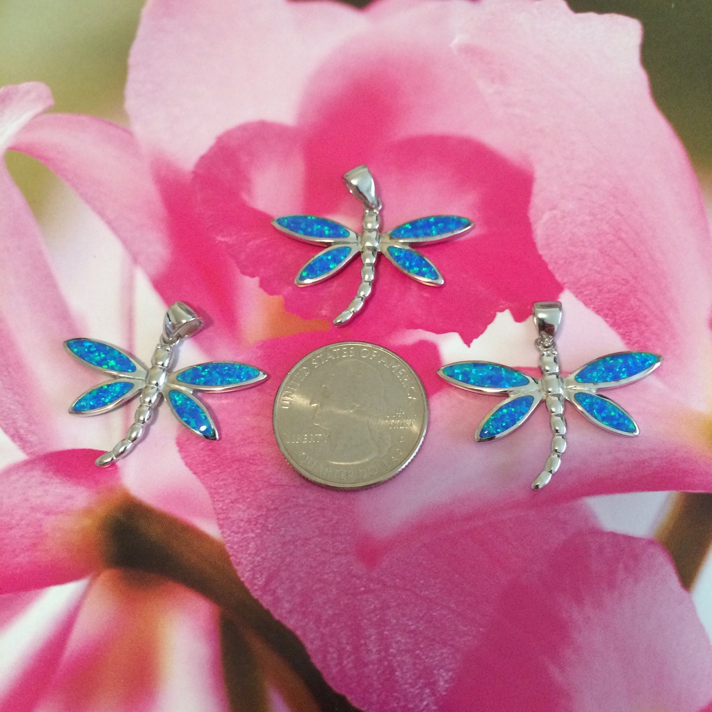 Hawaiian Large Blue Opal Dragonfly Necklace and Earrings, Sterling Silver Blue Opal Dragonfly Pendant, Christmas Present Birthday Gift