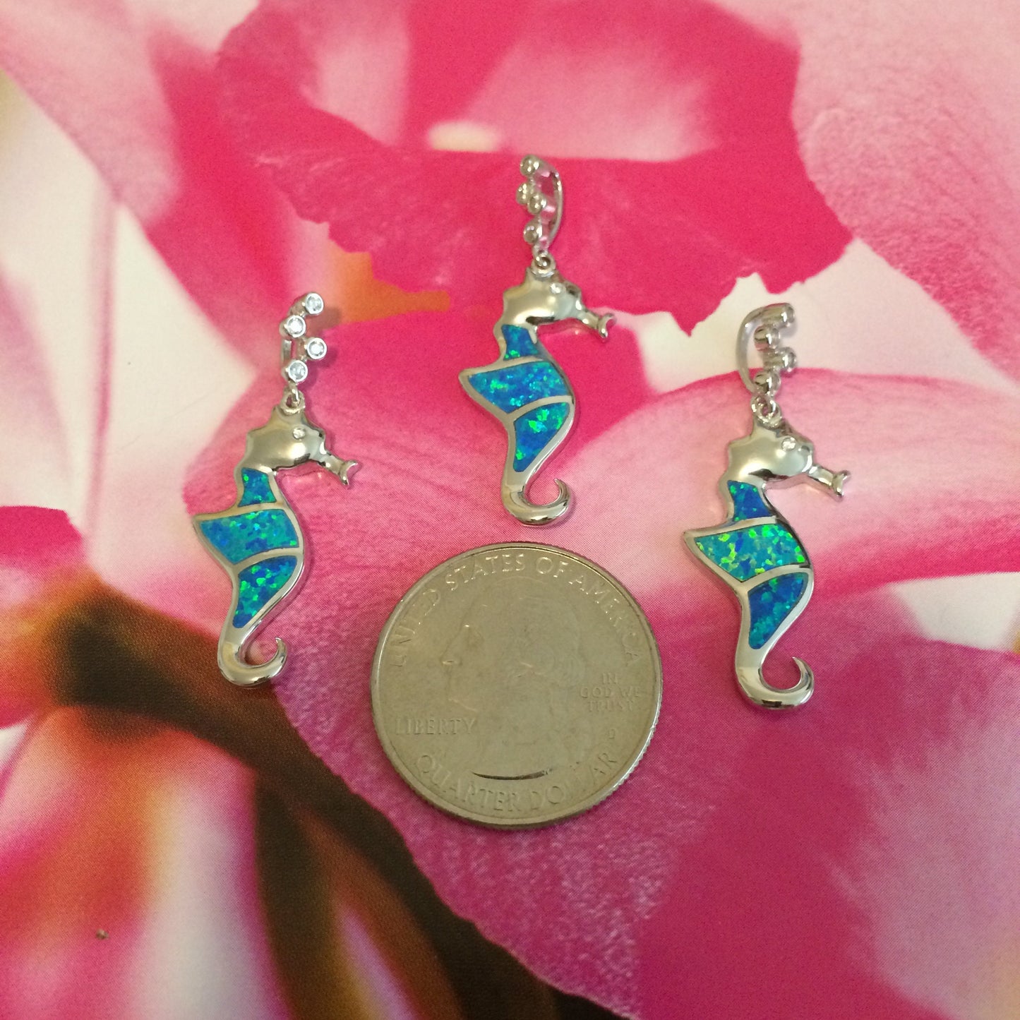 Hawaiian Blue Opal Seahorse Necklace and Earrings, Sterling Silver Blue Opal Sea Horse CZ Pendant, Christmas Anniversary Birthday Mom Gift