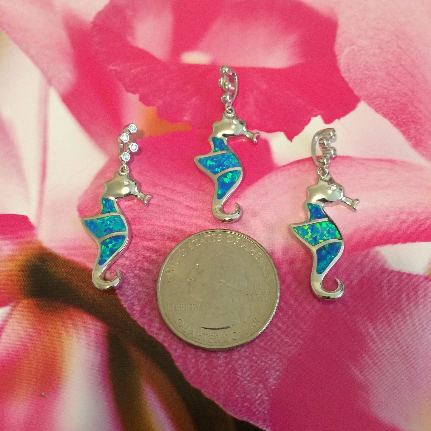Hawaiian Blue Opal Seahorse Pendant, Sterling Silver Blue Opal Sea Horse CZ Pendant, Christmas Anniversary Birthday Mom Gift