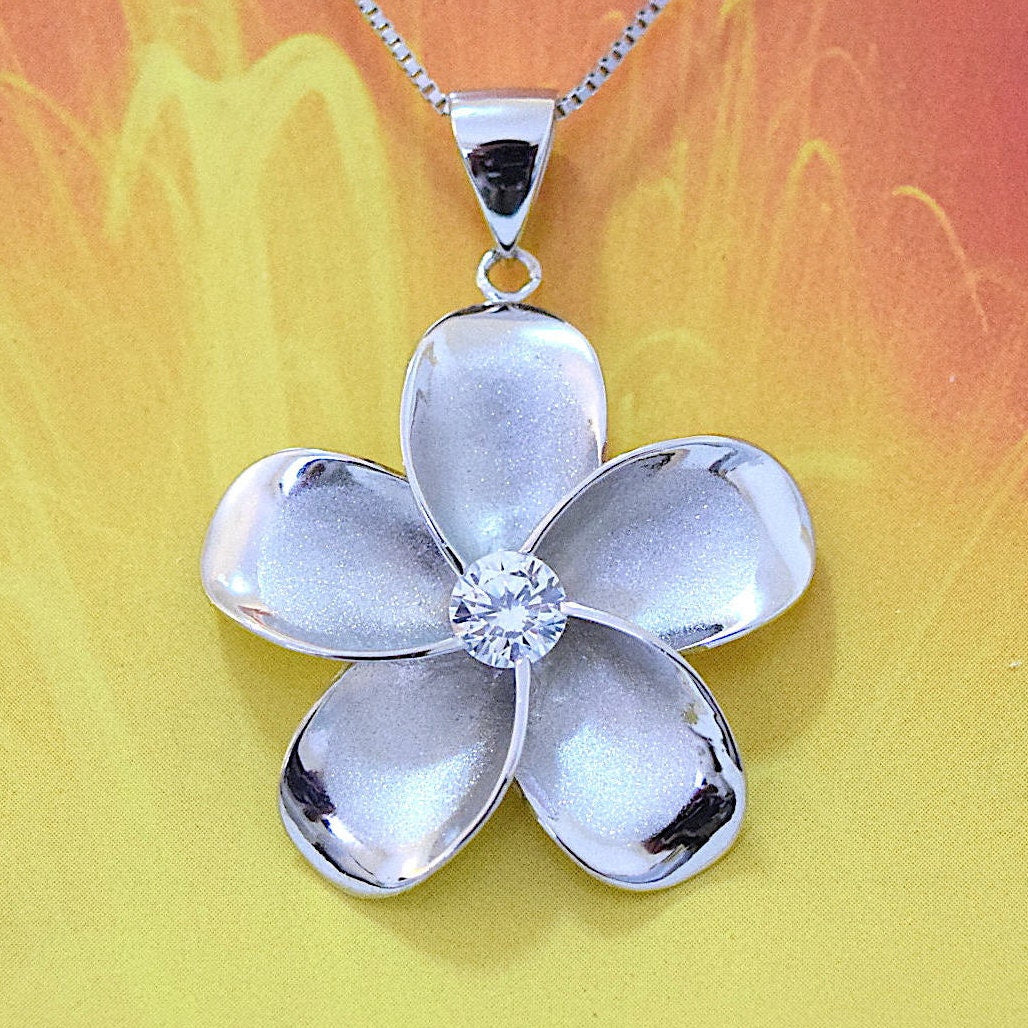 Hawaiian Plumeria Pendant, Sterling Silver Plumeria W. CZ Pendant, W6003 Hawaiian Jewelry, Christmas Anniversary Mom Birthday Gift