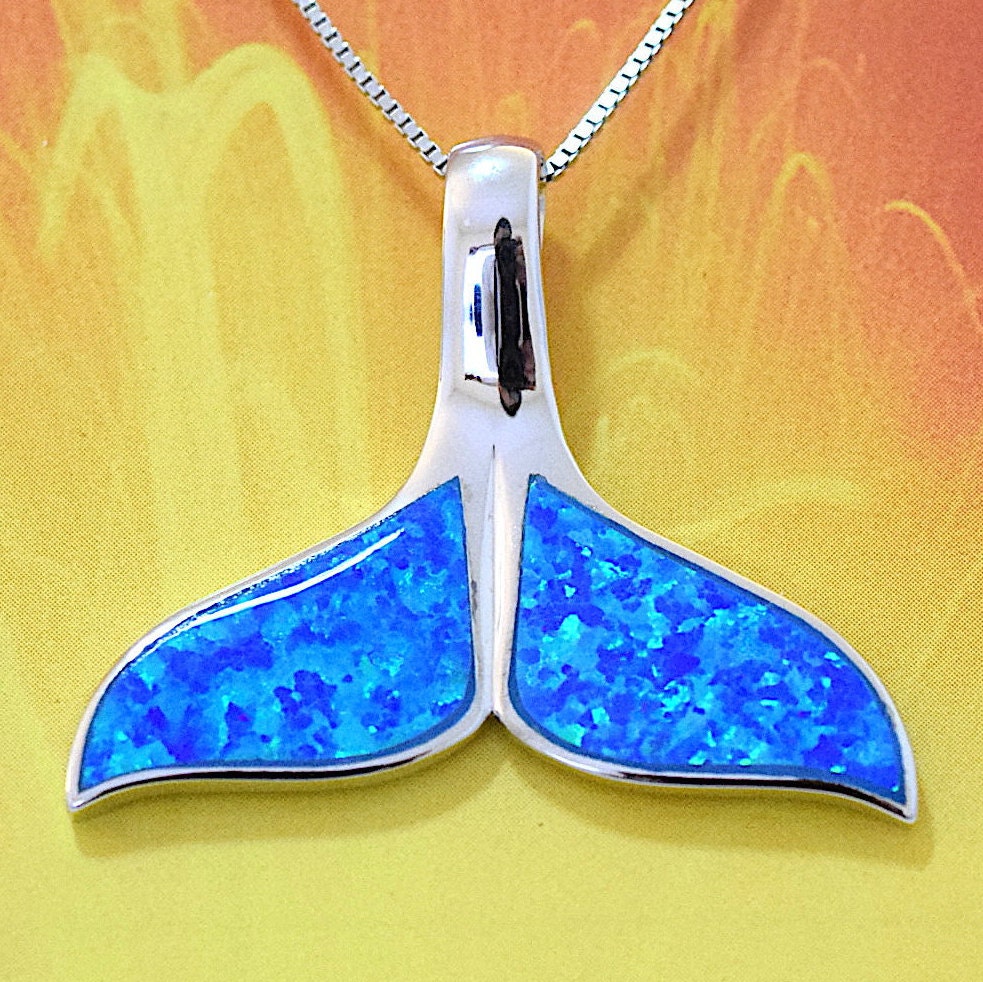 Hawaiian Large Blue Opal Whale Tail Pendant, Sterling Silver Blue Opal Inlay Whale Tail Pendant, Christmas Birthday Mom Gift