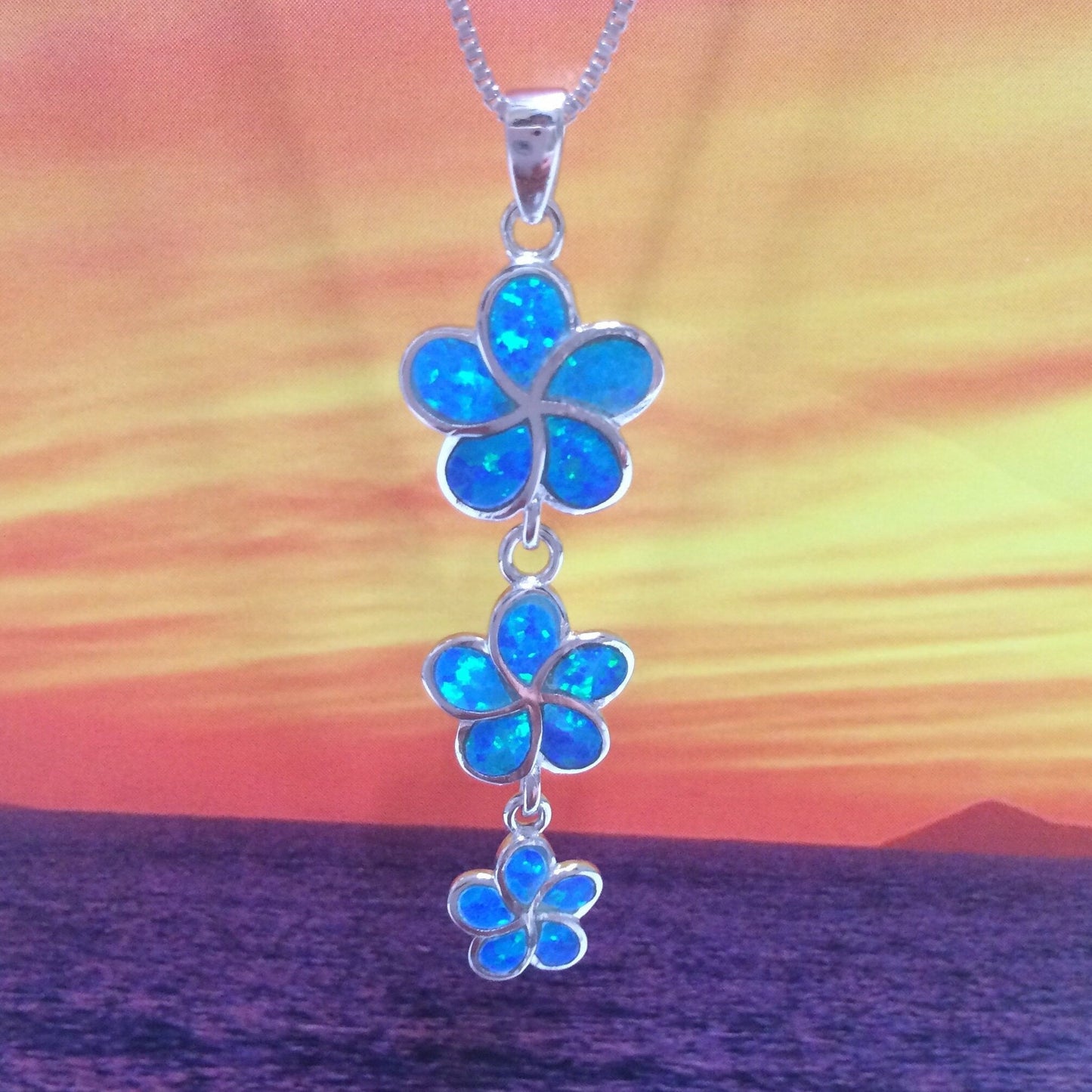 Beautiful Hawaiian 3 Blue Opal Plumeria Pendant, Past Present & Future, Sterling Silver Plumeria Pendant, N6145 Birthday Mother Mom Gift