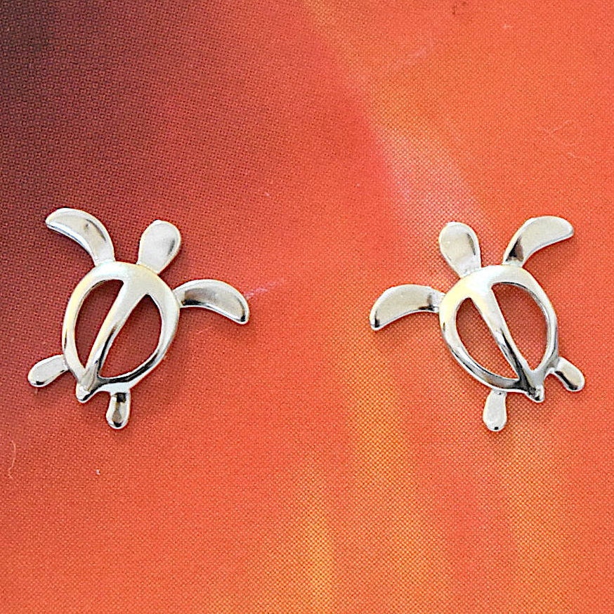 Hawaiian Small Sea Turtle Earrings, Sterling Silver Turtle Petroglyph Stud Earrings, Christmas Anniversary Birthday Gift