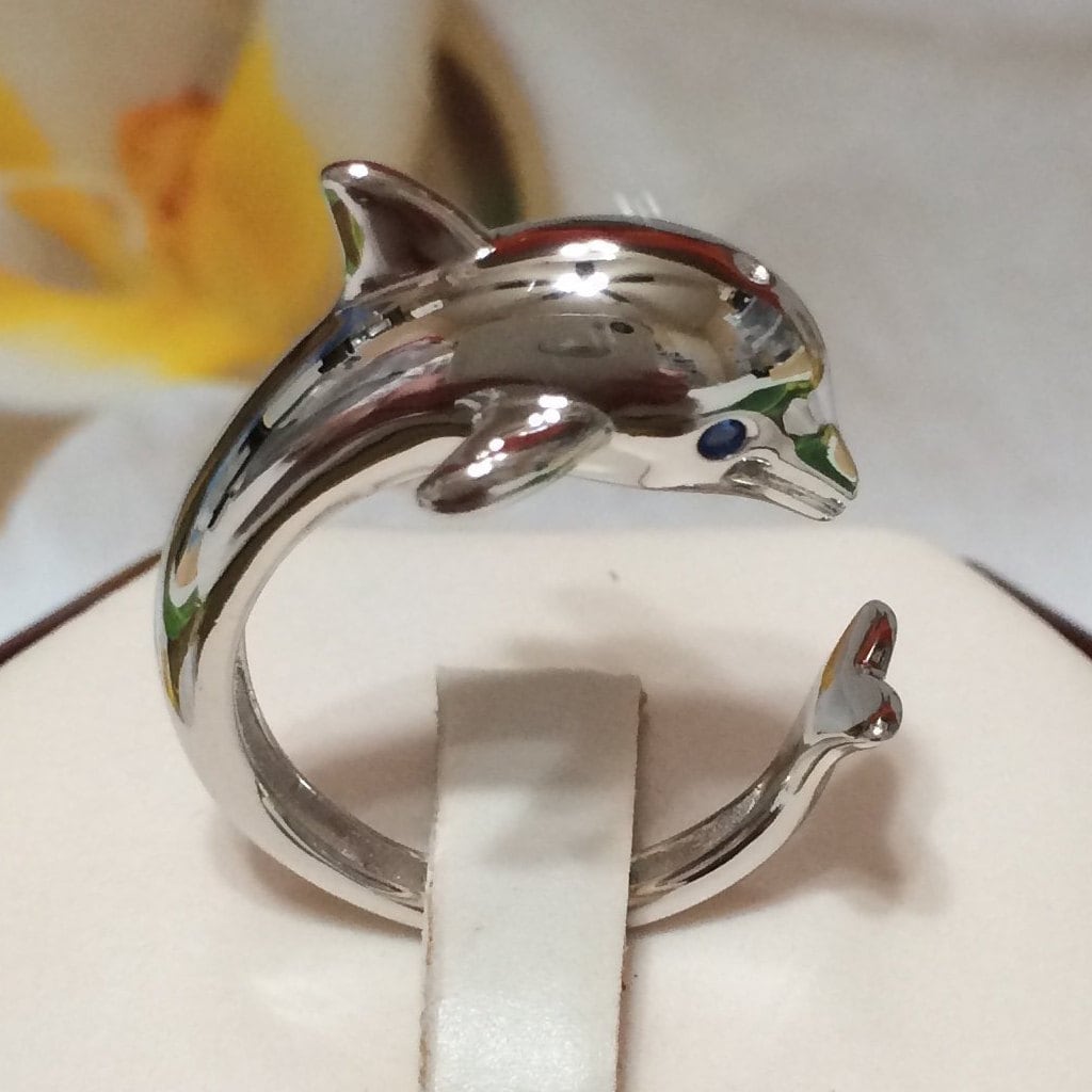 Silver Dolphin Ring, Sterling Silver Dolphin Blue CZ Eye Ring, R2356 Birthday Mom Mother Gift