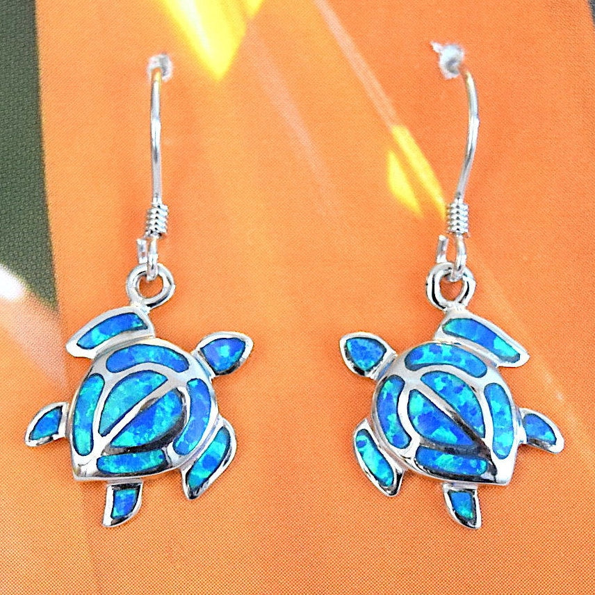 Large Hawaiian Blue Opal Sea Turtle Earrings, Sterling Silver Turtle Dangle Earrings, E9345 Birthday Mom Gift, Statement PC