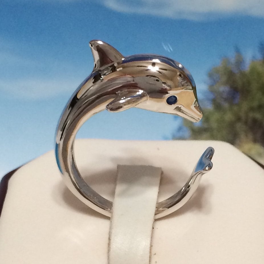 Silver Dolphin Ring, Sterling Silver Dolphin Blue CZ Eye Ring, R2356 Birthday Mom Mother Gift