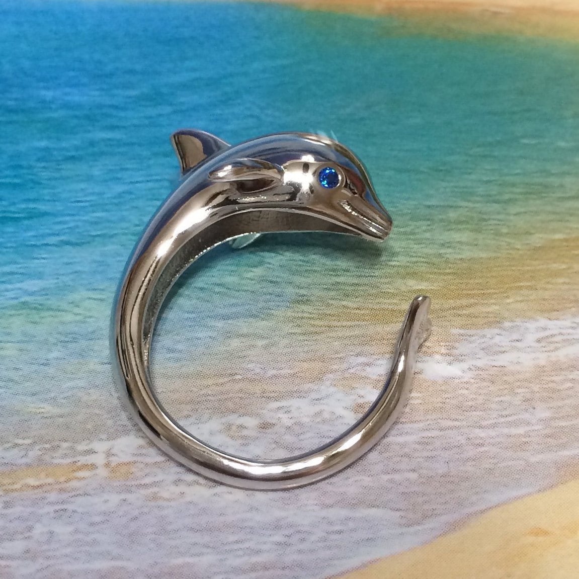 Silver Dolphin Ring, Sterling Silver Dolphin Blue CZ Eye Ring, R2356 Birthday Mom Mother Gift