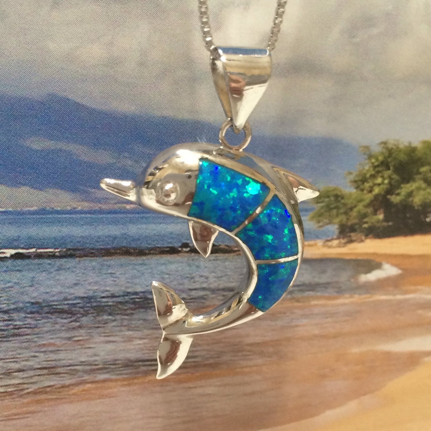 Hawaiian Large Blue Opal Dolphin Pendant, Sterling Silver Blue Opal Dolphin Pendant, N6030 Birthday Mother Mom Gift