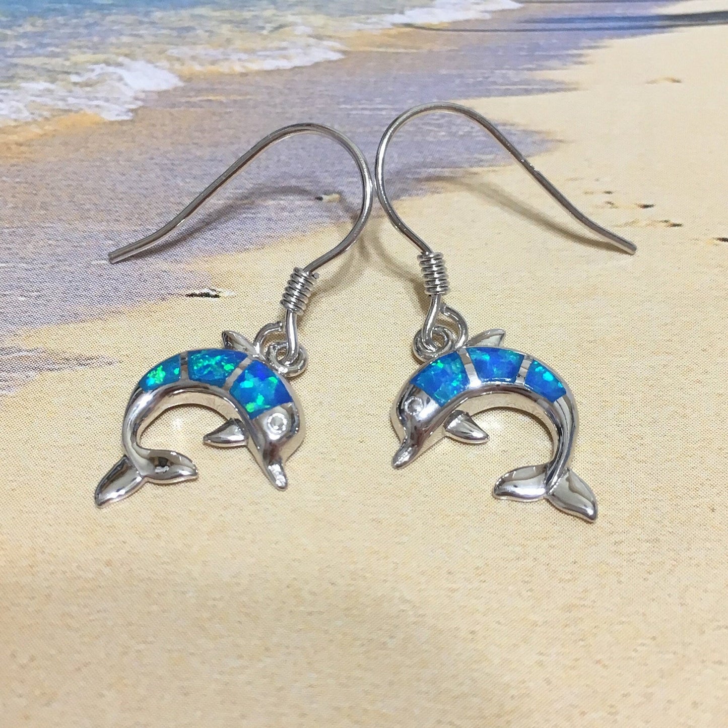 Beautiful Hawaiian Blue Opal Dolphin Earrings, Sterling Silver Blue Opal Dolphin Dangle Earrings, E4030 Birthday Wife Mom Mother Gift