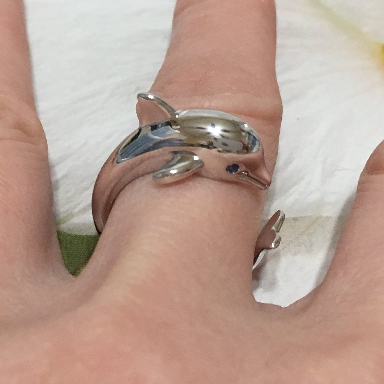 Silver Dolphin Ring, Sterling Silver Dolphin Blue CZ Eye Ring, R2356 Birthday Mom Mother Gift