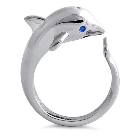 Silver Dolphin Ring, Sterling Silver Dolphin Blue CZ Eye Ring, R2356 Birthday Mom Mother Gift