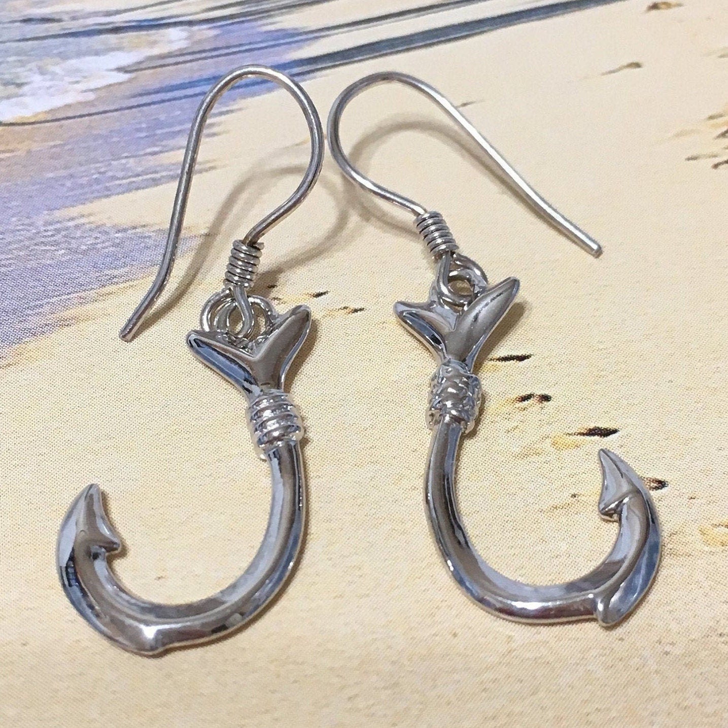 Hawaiian Large 3D Fish Hook Earrings, Sterling Silver Fish Hook Dangle Earrings, W4140 Mother Birthday Anniversary Gift