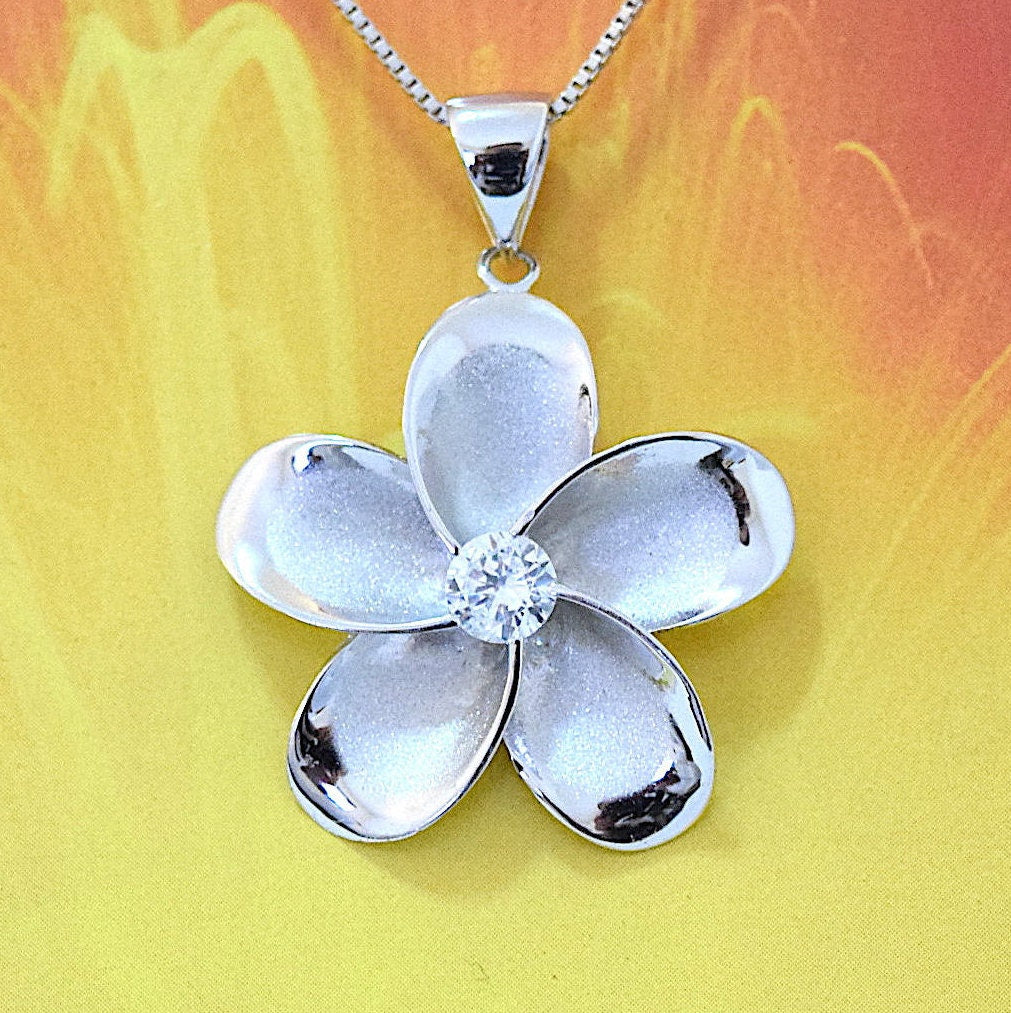 Hawaiian Large Plumeria Pendant, Sterling Silver Plumeria CZ Pendant, Hawaiian Jewelry, Christmas Anniversary Birthday Mom Gift