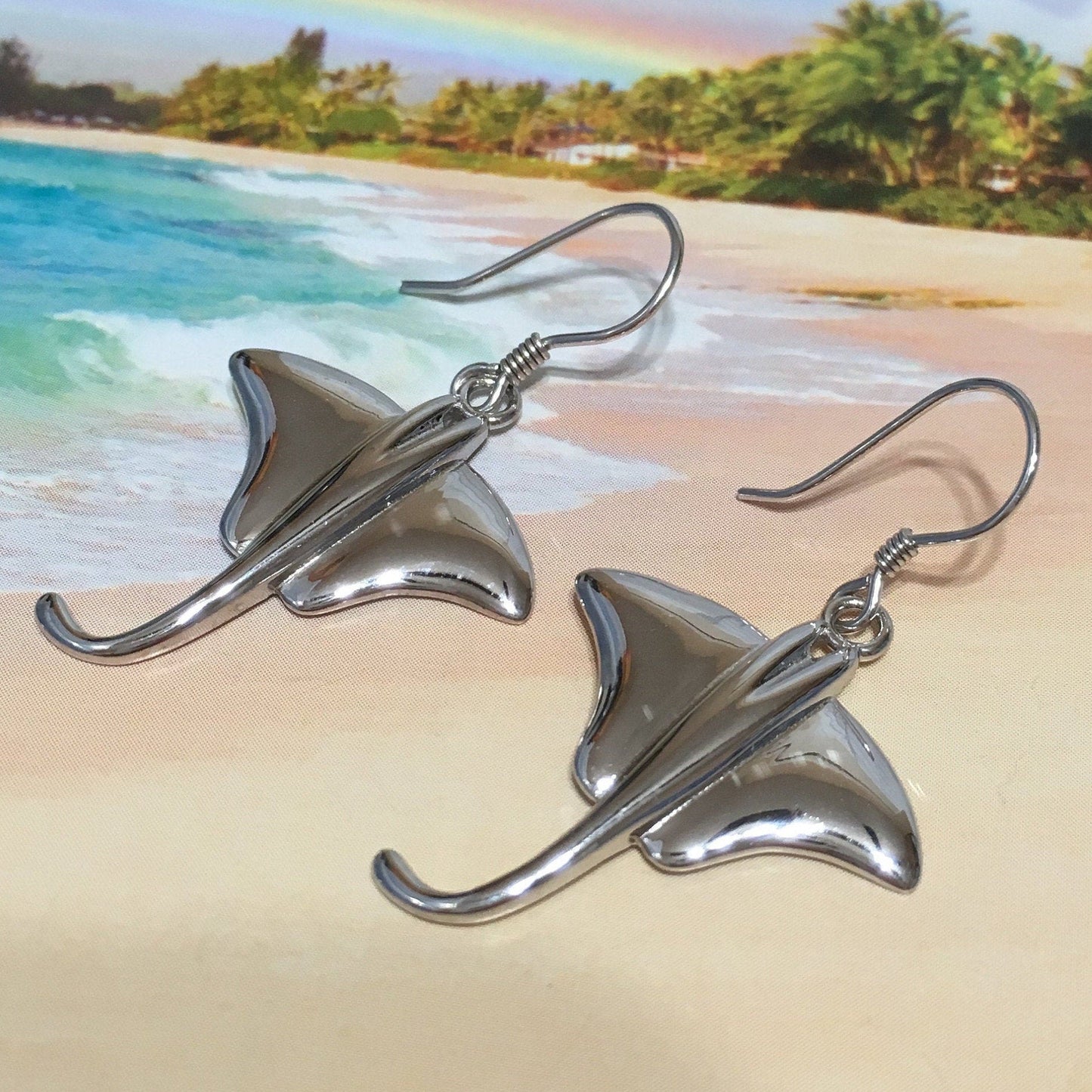 Hawaiian X-Large Stingray Earrings, Sterling Silver Sting Ray Dangle Earrings, W4153 Birthday Wife Mom Mother Gift, Island Jewelry