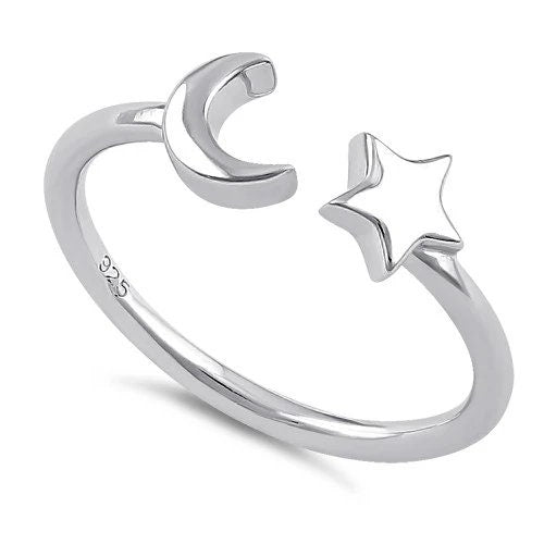 Silver Moon and Star Ring, Sterling Silver Moon and Star Adjustable Ring, Christmas Anniversary Birthday Mom Gift