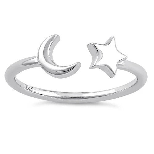 Silver Moon and Star Ring, Sterling Silver Moon and Star Adjustable Ring, Christmas Anniversary Birthday Mom Gift