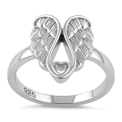 Hawaiian Angel Wing Heart Ring, Sterling Silver 2 Wings Band Ring, W75022 Hawaiian Jewelry, Christmas Anniversary Birthday Mom Gift