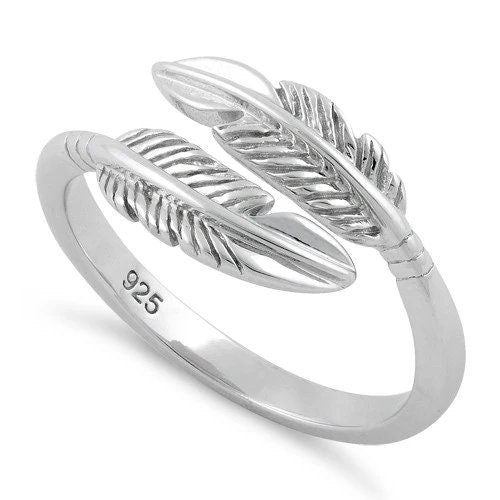 Silver Double Feather Ring, Sterling Silver 2 Feather Adjustable Ring, Christmas Anniversary Birthday Mom Gift