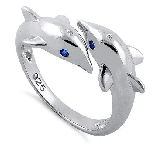 Hawaiian Large 2 Dolphin Ring, Sterling Silver 2 Dolphin Blue CZ Eye Ring, W75003 Hawaiian Jewelry, Christmas Anniversary Birthday Gift