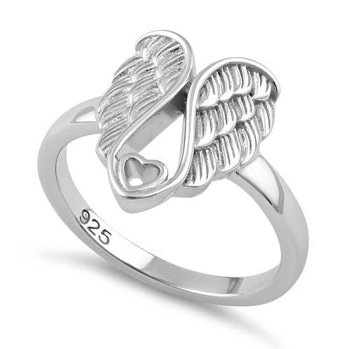 Hawaiian Angel Wing Heart Ring, Sterling Silver 2 Wings Band Ring, W75022 Hawaiian Jewelry, Christmas Anniversary Birthday Mom Gift