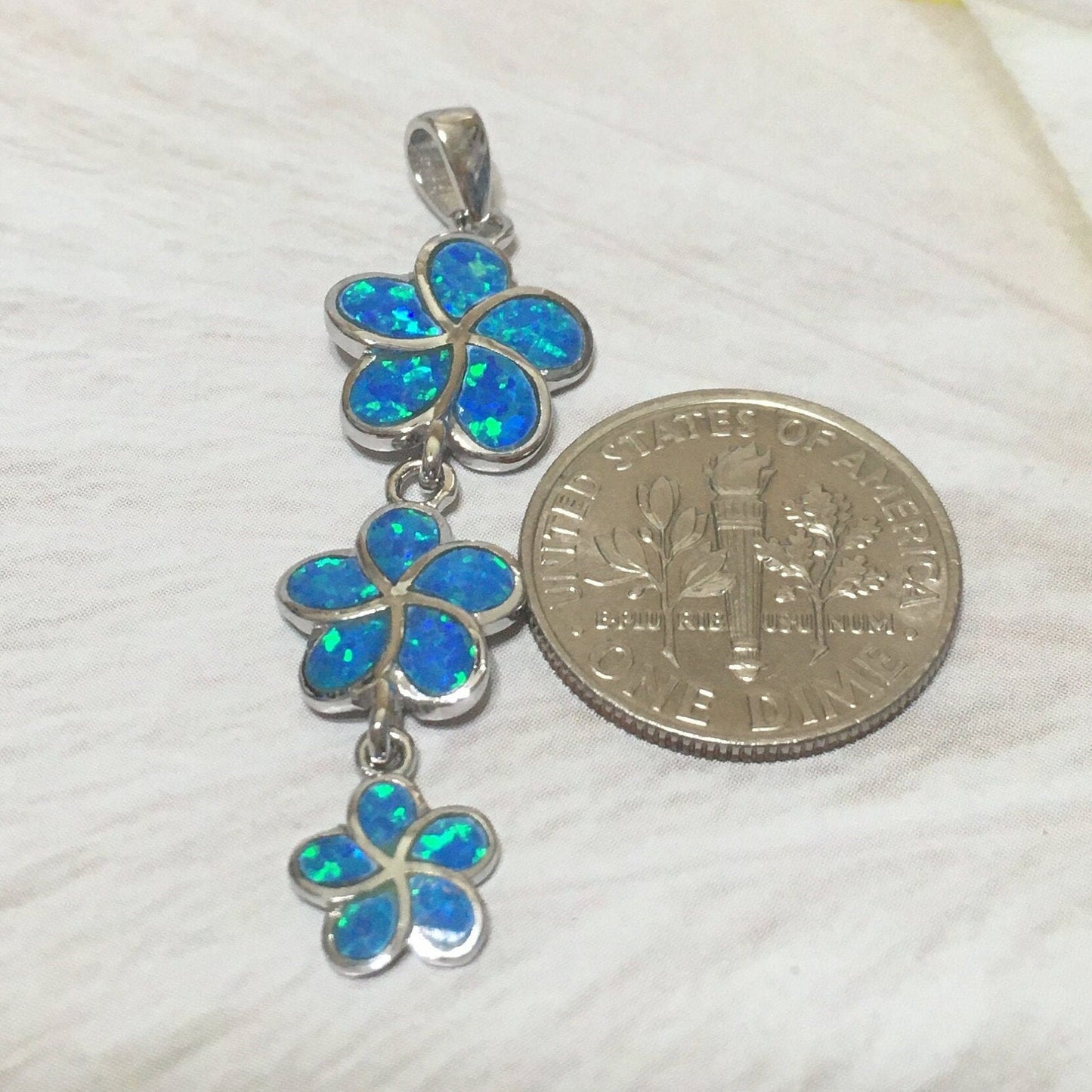 Beautiful Hawaiian 3 Blue Opal Plumeria Pendant, Past Present & Future, Sterling Silver Plumeria Pendant, N6145 Birthday Mother Mom Gift