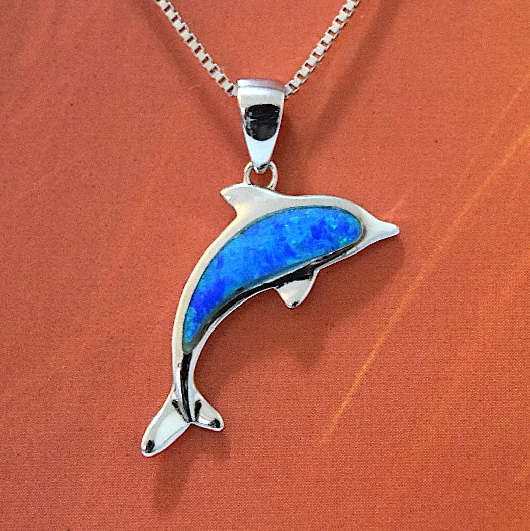 Hawaiian Blue Opal Dolphin Necklace and Earrings, Sterling Silver Blue Opal Inlay Dolphin Pendant, Christmas Present, Birthday Gift