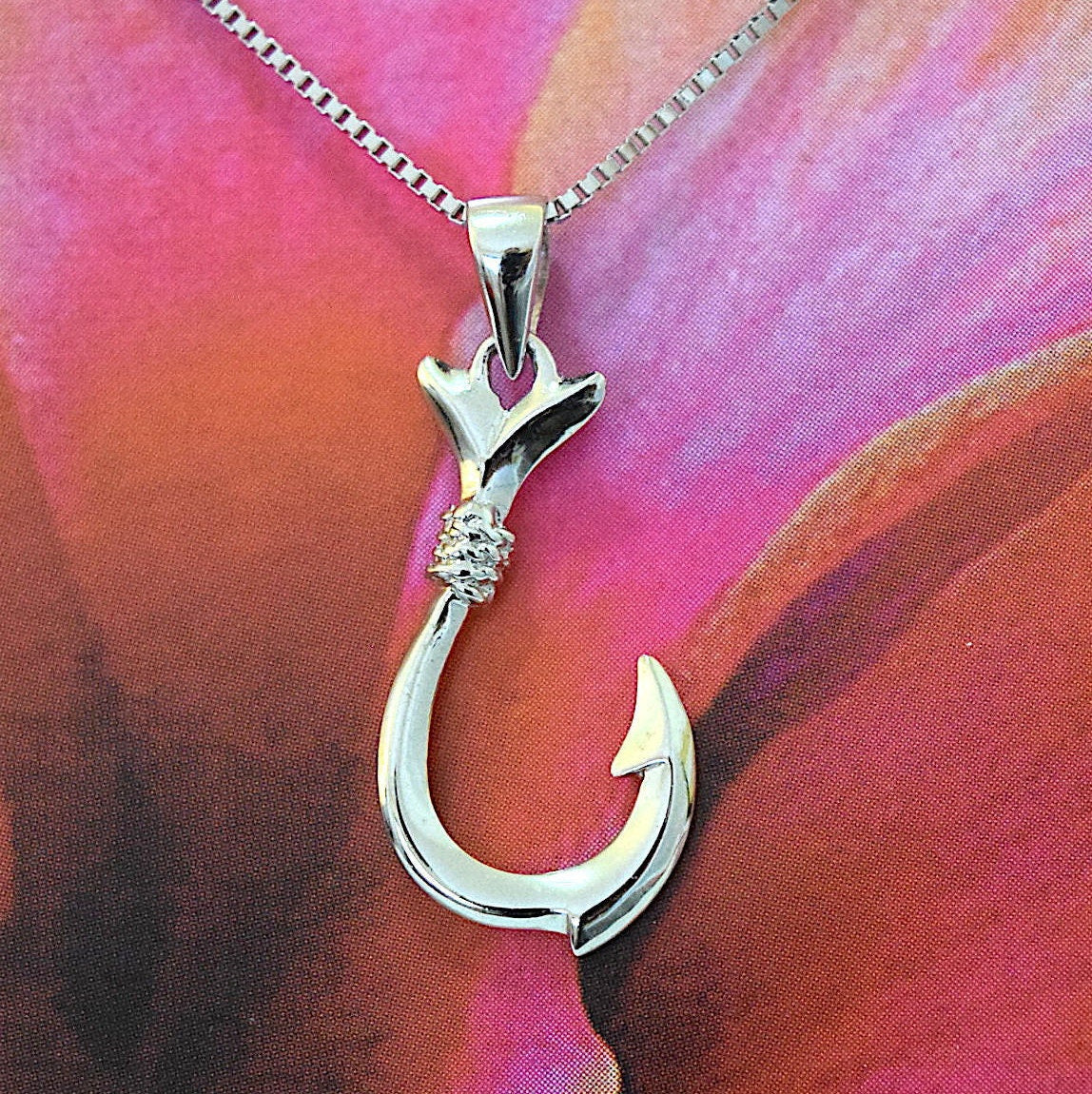 Hawaiian 3D Fish Hook Pendant, Sterling Silver Fish Hook Charm Pendant, Hawaiian Jewelry,  Christmas Anniversary Birthday Gift