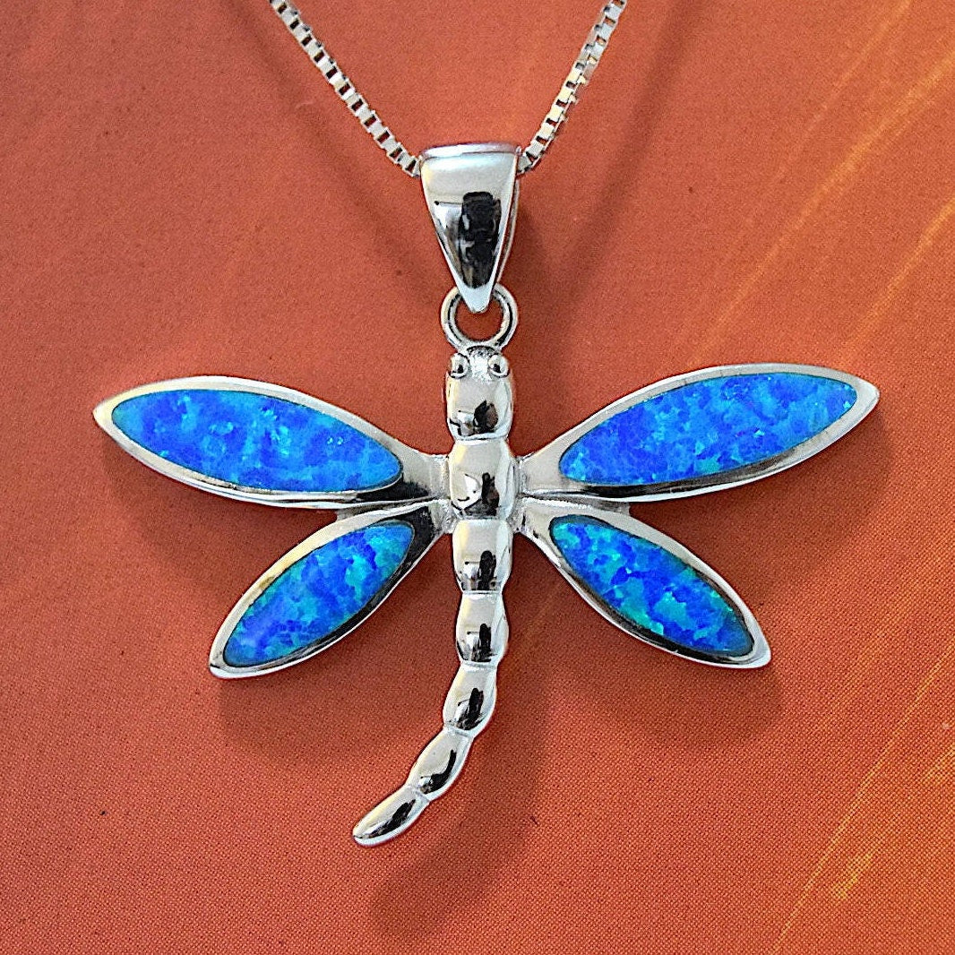 Hawaiian Large Blue Opal Dragonfly Necklace and Earrings, Sterling Silver Blue Opal Dragonfly Pendant, Christmas Present Birthday Gift