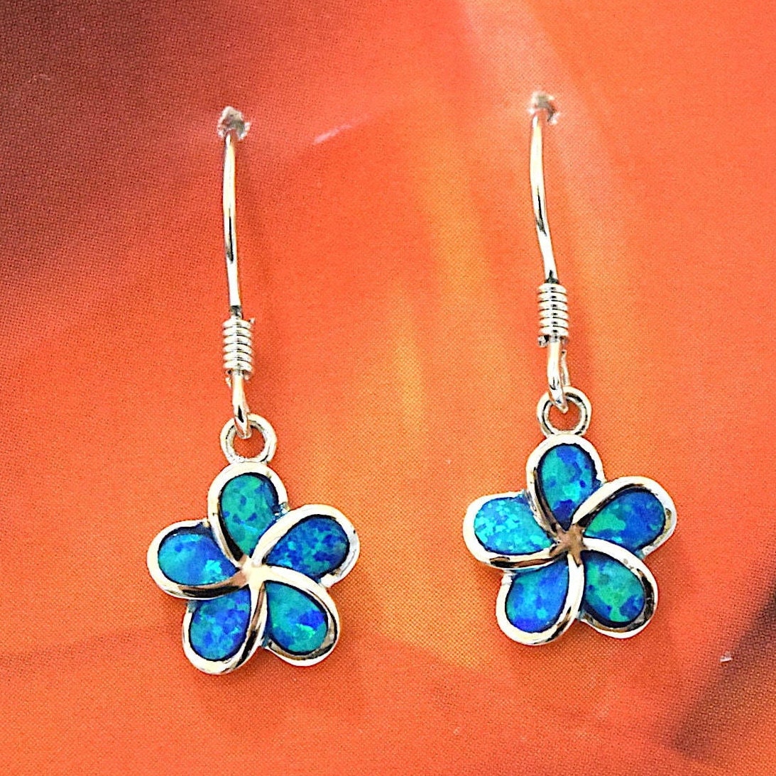 Hawaiian Blue Opal Plumeria Earrings, Sterling Silver Blue Opal Inlay Plumeria Dangle Earrings, Christmas Mom Birthday Gift