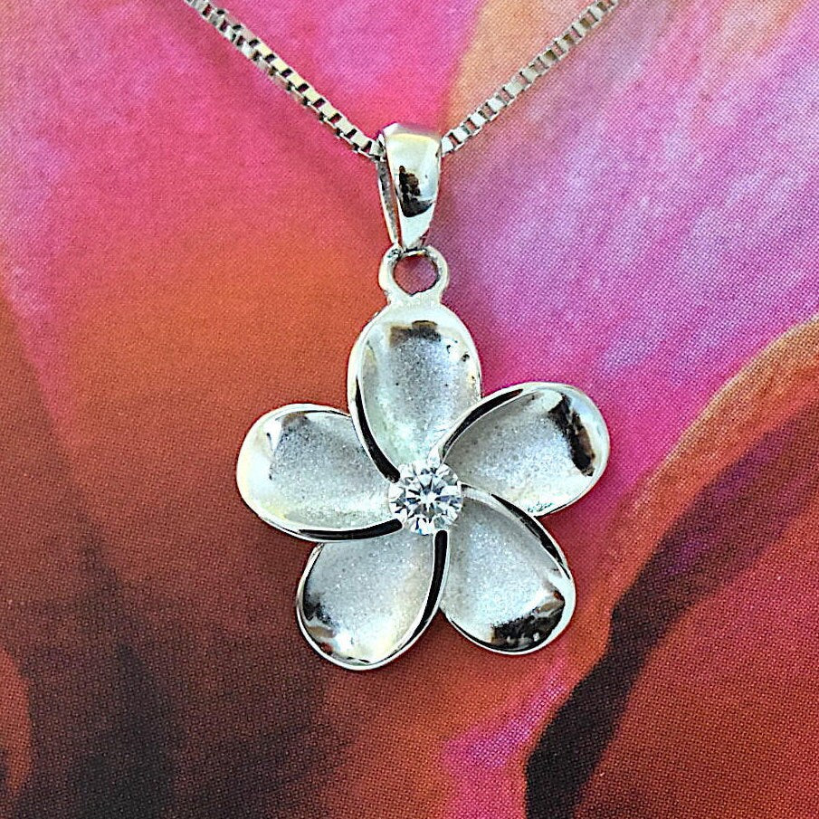 Hawaiian Plumeria Pendant, Sterling Silver Plumeria CZ Charm Pendant, Hawaiian Jewelry, Birthday Christmas Gift