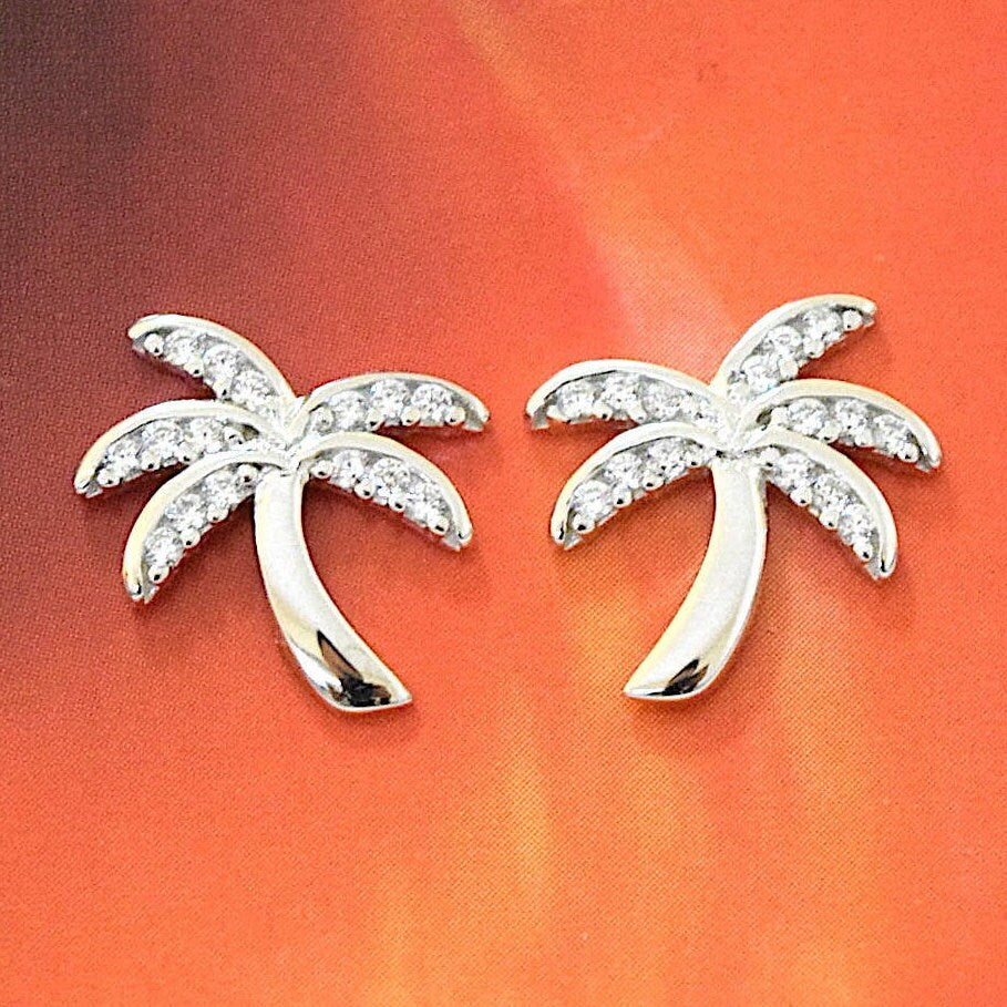 Hawaiian Palm Tree Earrings, Sterling Silver Palm Tree CZ Stud Earrings, W54021, Hawaiian Jewelry, Christmas Anniversary Birthday Gift