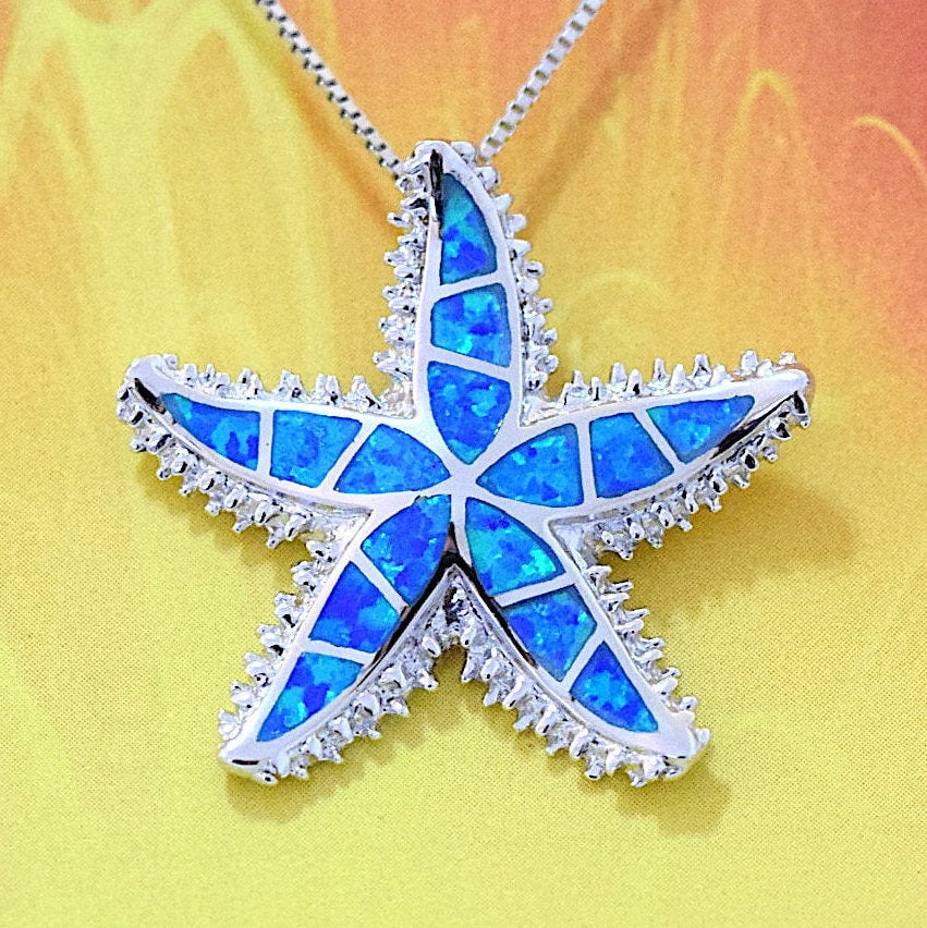 Hawaiian Large Blue Opal Starfish Pendant, Sterling Silver Blue Opal Inlay Starfish Pendant, Christmas Mom Birthday Gift