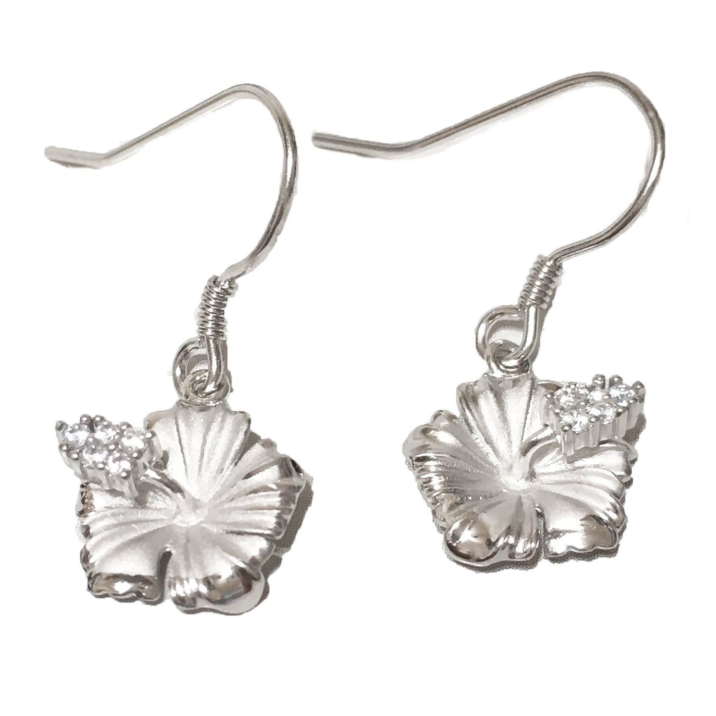 Hawaiian Hibiscus Earrings, Sterling Silver Hibiscus CZ Dangle Earrings, Hawaiian Jewelry, Christmas Anniversary Birthday Gift