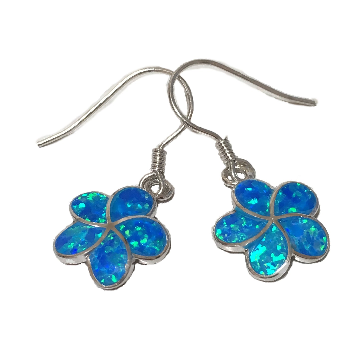 Hawaiian Blue Opal Plumeria Earrings, Sterling Silver Blue Opal Inlay Plumeria Dangle Earrings, Christmas Present Birthday Gift